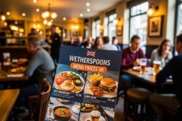 The Wetherspoons Menu Prices UK held in a busy pub, showing a full breakfast, curry, and a burger.