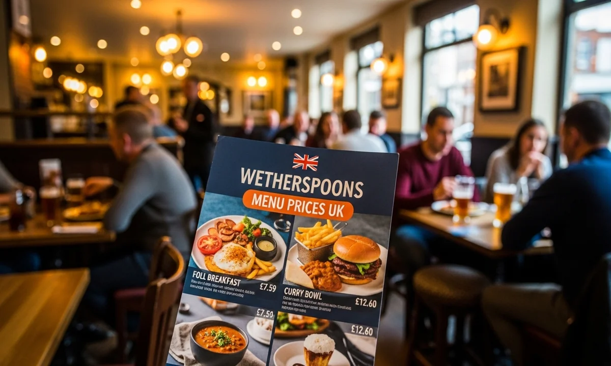 The Wetherspoons Menu Prices UK held in a busy pub, showing a full breakfast, curry, and a burger.